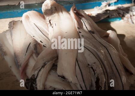 Filletted Black scabbard Fish, Farmers' Market, Funchal, Madeira, Portogallo, Europa Foto Stock