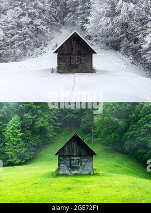 Collage di due immagini di una cabina in legno nella foresta in diverse stagioni - estate e inverno. Fantastico paesaggio invernale con casa in legno in montagne innevate. Vecchia capanna in lussureggiante foresta di nebbia verde Foto Stock