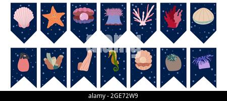 Bandiere garland per festa di compleanno con animali di mare su sfondo colorato blu scuro. Tesori marini, conchiglia con perla, anemoni stella e cavalluccio marino. Illustrazione di capretto disegnata a mano. Set di progettazione per il bunting vettoriale. Illustrazione Vettoriale