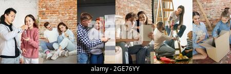 Immagine composita di immagini di famiglia giovane, coppie che fanno la riparazione di appartamento, shopping, trascorrere il tempo insieme. Concetto di relazioni, stile di vita attivo Foto Stock