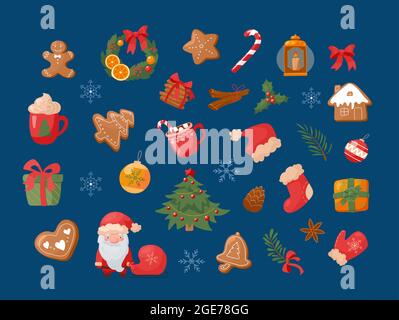Set festivo di illustrazioni vettoriali di Natale in stile cartone animato. Isolato su sfondo blu albero di Natale, Babbo Natale, decorazioni, fiocchi di neve, pan di zenzero e altro ancora. Collezione Capodanno. Illustrazione Vettoriale