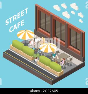 Street cafe terrazza di concetto isometrico e colorato con due tavoli e grandi ombrelli illustrazione vettoriale Illustrazione Vettoriale