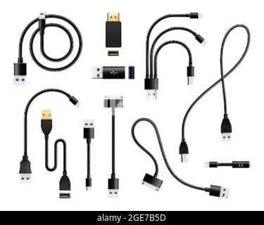 Tipi USB connettori a innesto serie di icone isolate e immagini vettoriali per la connessione dei cavi Illustrazione Vettoriale