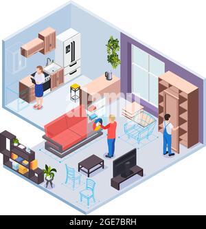 Showroom mobili con realtà virtuale servizi cucina e soggiorno sezioni visitatore designer e lavoratori personaggi illustrazione vettoriale isometrica Illustrazione Vettoriale