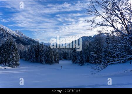 Paesaggio innevato nelle alpi vicino a mittenwald germania Foto Stock