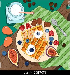 Colorazione sfondo alimentare con vista dall'alto di piatto con dolci e frutta su tagliere di legno coperto da illustrazione vettoriale tovagliolo tessile Illustrazione Vettoriale