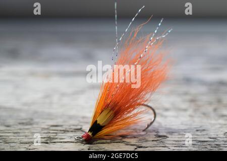 Pesca di salmone lucido volare con flash giallo su una superficie di legno Foto Stock