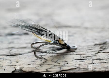 Pesca di salmone lucido volare con flash giallo su una superficie di legno Foto Stock