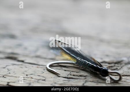 Pesca di salmone lucido volare con flash giallo su una superficie di legno Foto Stock