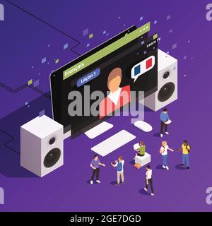 Classi di lingue online vocalizzate da madrelingua composizione isometrica con tutor francese su desktop monitor illustrazione vettoriale Illustrazione Vettoriale