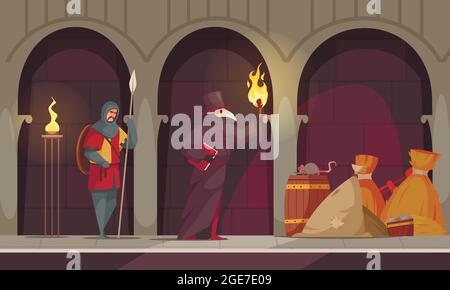 Popolazione medievale composizione guaritrice peste con due persone nei corridoi di un castello medievale illustrazione vettoriale Illustrazione Vettoriale