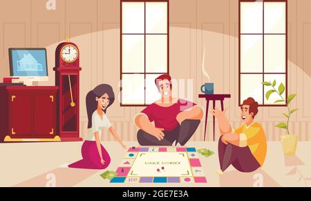 Giochi da tavolo soldi composizione due uomini e una donna giocano sul pavimento nella stanza illustrazione vettoriale Illustrazione Vettoriale