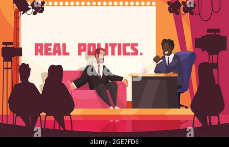Vera politica in studio tv poster colorato con due uomini in costumi discutere questioni politiche illustrazione vettoriale Illustrazione Vettoriale