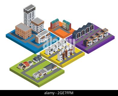Edifici urbani suburbani insieme isometrico di colorate piattaforme isolate con bassi appartamenti e case cittadine illustrazione vettoriale Illustrazione Vettoriale