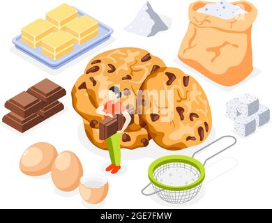 Icone isometriche da forno Set di farina zucchero burro uova cioccolato e biscotti preparati illustrazione vettoriale isolata Illustrazione Vettoriale