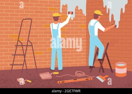 Allineamento parete composizione piatta con vista interna delle finiture verniciatura parete in mattoni con vernice e strumenti illustrazione vettoriale Illustrazione Vettoriale