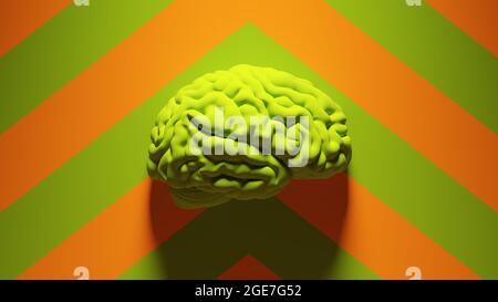 Cervello umano verde con verde un disegno arancione a forma di freccia sfondo 3D rappresentazione dell'illustrazione Foto Stock