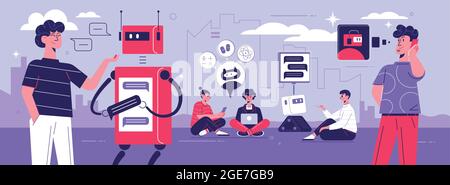 Intelligenza artificiale chatbot supporto tecnico flat colorato sfondo banner con robot bot che comunica con i clienti illustrazione vettoriale Illustrazione Vettoriale