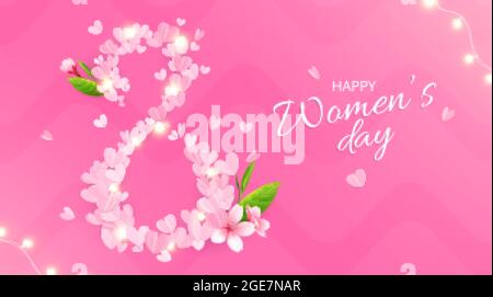 8 marzo composizione del giorno dei woman con testo ornato di sfondo rosa e cifra fatta di petali rosa illustrazione vettoriale Illustrazione Vettoriale