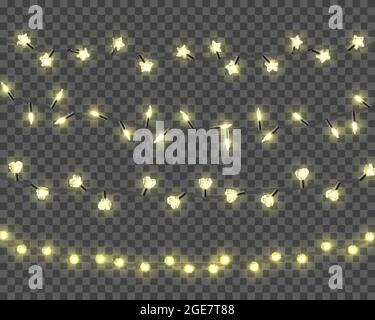 Set di colori realistici ghirlande, decorazioni festive. Luci di natale illuminanti isolate su sfondo trasparente. Illustrazione Vettoriale