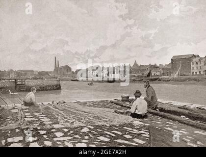 Una vista del 19 ° secolo di Claddagh, il più antico villaggio di pescatori in Galway City Irlanda, situato dove Galway Bay incontra il fiume Corrib. Il villaggio di Claddagh mantenne le proprie usanze e tradizioni e aveva persino il proprio re che stabilì le dispute tra la gente del posto, prese grandi decisioni ed era visto come una figura potente fra i pescatori. La gente ha fatto la loro vita prevalentemente attraverso la pesca con grandi flotte di barche a vela chiamato Galway Hookers. Foto Stock