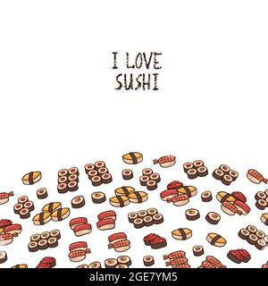 Amo il sushi, lo sfondo con diversi sushi, l'illustrazione vettoriale Illustrazione Vettoriale