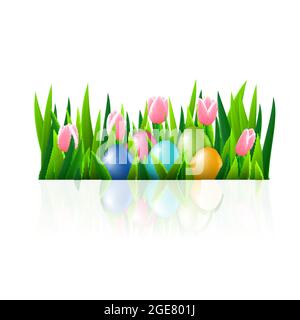 Uova di Pasqua che si nascondono nell'erba con fiori di tulipano, illustrazione vettoriale Illustrazione Vettoriale