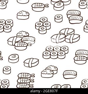 Sfondo bianco-nero senza cuciture con diversi sushi, illustrazione vettoriale Illustrazione Vettoriale