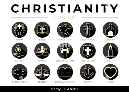 Elegante set di icone del Cristianesimo Nero con fede, Bibbia, Crocifissione , Battesimo, Chiesa, Risurrezione, Spirito Santo, Santi, Comandamenti, luce, Protectio Illustrazione Vettoriale