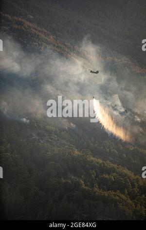 Antalya, Turchia. 15 agosto 2021. Gli equipaggi dell'esercito degli Stati Uniti che volano su un elicottero CH-47 Chinook, liberano l'acqua da un secchio di bambi mentre aiutano a combattere gli incendi selvatici che bruciano attraverso la Turchia occidentale 15 agosto 2021 vicino ad Antalya, Turchia. Credit: Planetpix/Alamy Live News Foto Stock