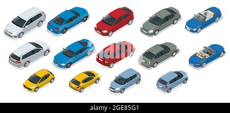 set di icone isometriche per auto di trasporto urbano di alta qualità. Set di icone piatte vettoriali per il trasporto urbano, urbano e di veicoli. Illustrazione Vettoriale