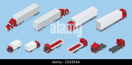 Icone logistiche isometriche insieme di diversi veicoli di distribuzione del trasporto, elementi di consegna. Trasporto del carico isolato su sfondo bianco Illustrazione Vettoriale