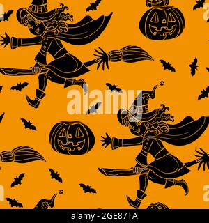 Modello vettoriale senza cuciture per Halloween con silhouette di zucca, pipistrelli e una piccola strega carina che vola su un bastone isolato su sfondo arancione. BRI Illustrazione Vettoriale
