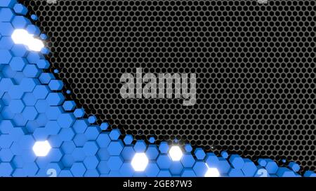 Sci Fy Néon lampade incandescenti su Dark Perforated Wall. Tecnologia astratta background. Splendido sfondo futuristico. Spazio vuoto al centro. Rendering 3D Foto Stock