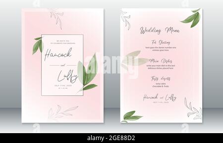 Modello di biglietto di invito per matrimoni di lusso. Elegante sfondo rosa con cornice e foglia verde. Illustrazione vettoriale.Eps10 Illustrazione Vettoriale