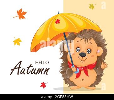 Ciao autunno. Carino hedgehog cartoon. Divertente personaggio cartoon hedgehog con ombrello. Illustrazione vettoriale stock Illustrazione Vettoriale