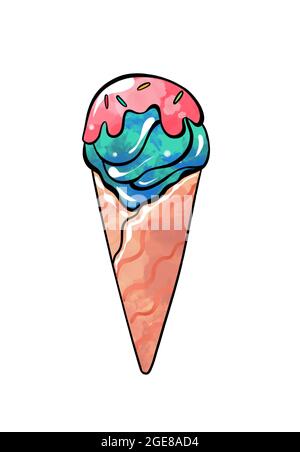 Illustrazione di un disegno colorato di dolci: Gelato blu in un cono di cialda con sciroppo rosa su uno sfondo bianco isolato. Illus di alta qualità Foto Stock