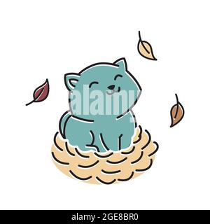 Smiling cute Little Cat Kitten Nest Autunno Autunno Stagione Cartoon Illustrazione Vettoriale