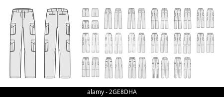 Set di pantaloni Cargo, pantaloncini convertibili, illustrazione tecnica della moda con vita bassa normale, altezza elevata, tasche a pieghe, anelli per cintura. Parte posteriore piatta, colore grigio. Donne uomini Unisex CAD mockup Illustrazione Vettoriale