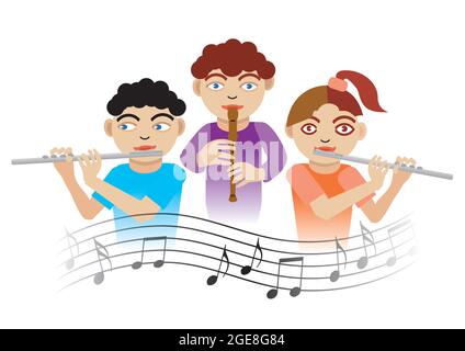 Bambini che giocano sul flauto. Illustrazione di tre bambini con flauto e note musicali.Vector disponibile Illustrazione Vettoriale
