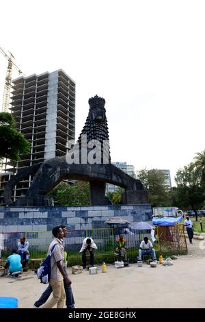 Il leone di Giuda monumento su Churchill Street ad Addis Abeba. Foto Stock