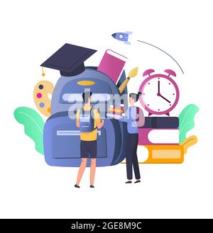 Borsa scuola con forniture, ragazzo e ragazza studenti, mucchio di libri, illustrazione vettoriale piatta. Scuola e istruzione. Illustrazione Vettoriale