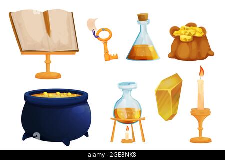 Set Witchcraft strumenti bottiglie magiche con pozione liquida, vecchio libro, chiavi d'oro, caldron e borsa con tesoro in stile cartoon isolato su sfondo bianco. Alchemy asset. Illustrazione vettoriale Illustrazione Vettoriale