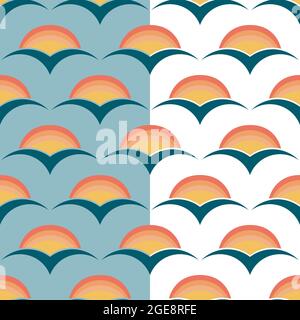 stile di moda anni '70, motivo iridato tramonto senza cuciture. Semicerchio geometrico, forme sagali stilizzate. Calda tavolozza di colore rosso giallo. Blu, bianco facilmente modificabile Illustrazione Vettoriale