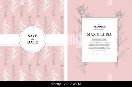 Matrimonio d'epoca con botanica. Invito al matrimonio, salva la data, biglietto di ricevimento. Concetto di matrimonio. Poster floreale, invito. Illustrazione Vettoriale
