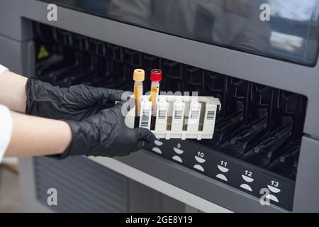 Ricercatore femminile che inserisce la provetta con il campione di sangue nella macchina medica dell'analizzatore. Lo scienziato lavora con l'apparecchiatura medica moderna in Foto Stock