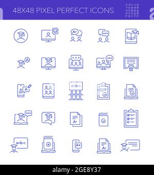 Set di icone per lo studio del tempo di quarantena e-learning. Videoconferenza, tappo di laurea, assegnazione di voti e altro. Tratto pixel perfetto e modificabile Illustrazione Vettoriale