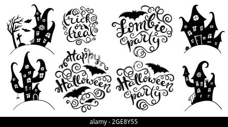 Set di frasi con lettere a mano per Happy Halloween party, zombie party, trucco o trucco. Collezione di castelli mistici. Illustrazione vettoriale Illustrazione Vettoriale