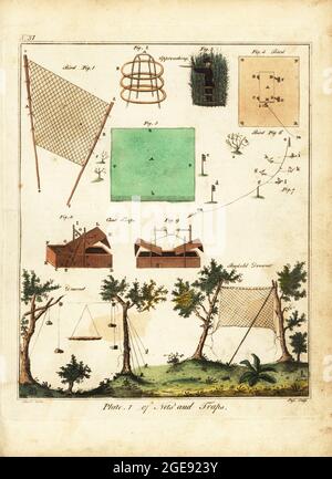 Reti per uccelli, trappole, reti da traino, e volanti o fibbie, pantino, 18 ° secolo. Cacciatore con musket in un cieco o in pelle fatta di fogliame. Piastra 1 di reti e trappole. Incisione a mano su copperplate di J. Pass dopo un’illustrazione di J. Stead di William Augustus Obaldiston The British Sportsman, o nobiluomo, Gentleman and Farmer’s Dictionary of Recreation and Amusement, J. Stead, Londra, 1792. Foto Stock