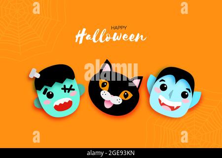 Felice Halloween. Mostri. Smile Dracula, gatto nero, Frankenstein. Divertente vampiro spooky. Trucco o trucco. Spazio per il testo Orange Vector Illustrazione Vettoriale
